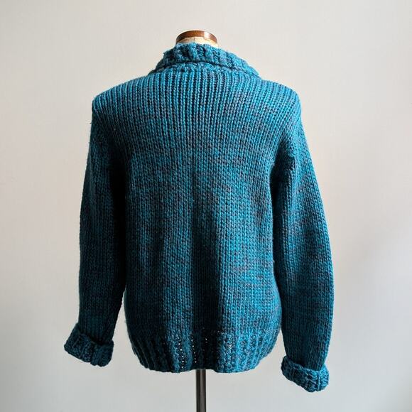 Vintage Blue Teal Chunky Knit Cardigan Cute Grannycore Cottagecore Sweater Small - Picture 4 of 9